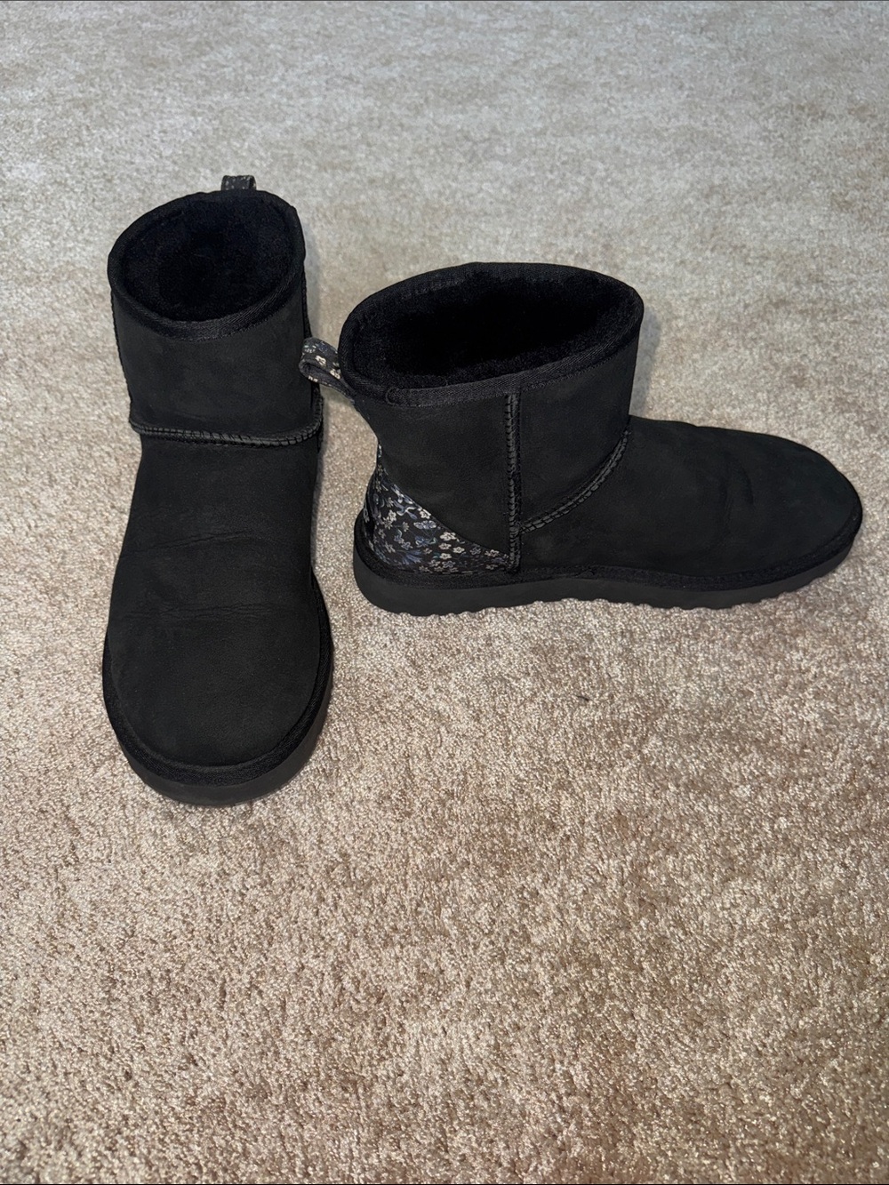 UGG Australia Classic Mini Liberty Black Boots with Floral Heel Panel